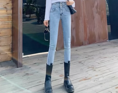 高腰牛仔裤女春装新款显瘦显高紧身铅笔浅蓝色...