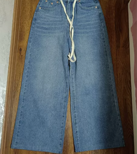 原创爵士舞辣妹抽绳阔腿高腰牛仔裤女2023...