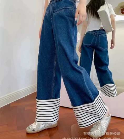 现货2022秋冬新款DEEP*条纹裤脚翻边...