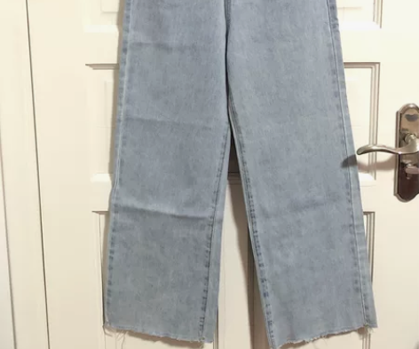 时尚复古毛边裤脚阔腿直筒裤牛仔裤宽松百搭薄...