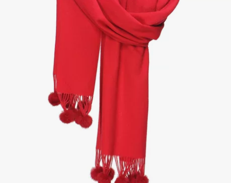 秋季百搭大红色长款毛球围巾可披旗袍披肩外搭...