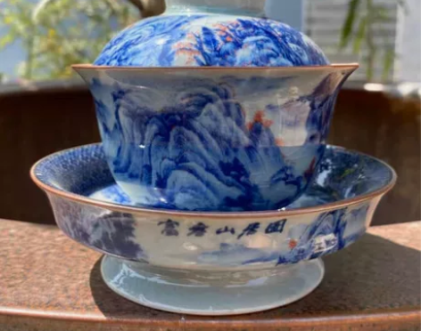 景德镇复古老陶泥青花盖碗富春山居图高足三才...