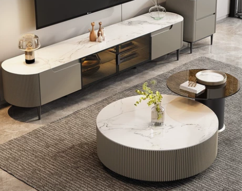 【工厂清仓】顾家家居轻奢岩板可伸缩圆形茶几...