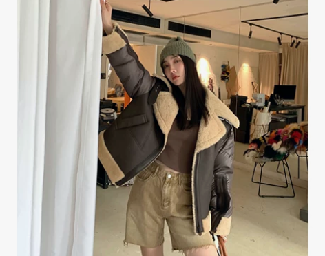 付智恩 巧乐兹 海军领皮毛一体机车风羽绒服...