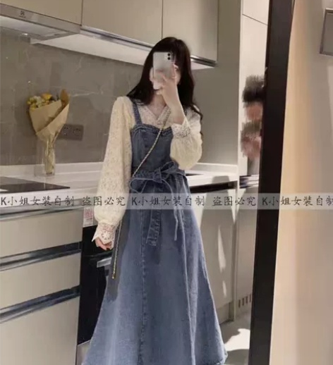 夏季连衣裙长裙牛仔背带裙新款赫本风港风复古...