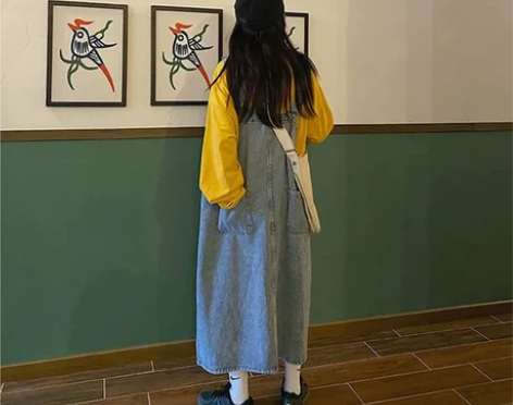 慵懒风大码牛仔背带裙女春季新款韩版中长款宽...