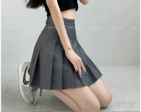 欧美TB百褶裙春夏季高腰少女半身裙子A字显...