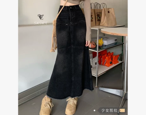 复古黑色牛仔半身裙女秋冬新款高腰显瘦包臀裙...