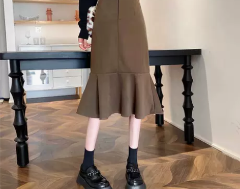 鱼尾裙女秋冬2021新款复古加厚呢子中长裙...