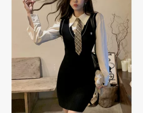 高级感针织连衣裙秋冬温柔小个子学院风女装法...