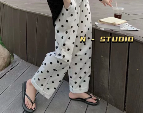 波点休闲裤夏季松紧腰高弹力复古长裤显瘦百搭...