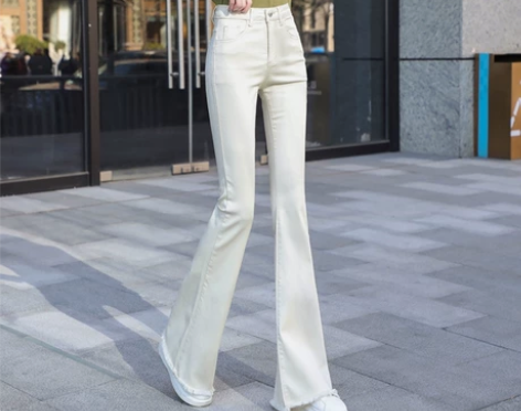 米色微喇牛仔裤女高腰2022春秋新款弹力喇...