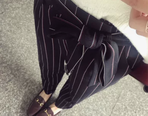 蓝大大出品 高腰系带竖条纹休闲裤 只...