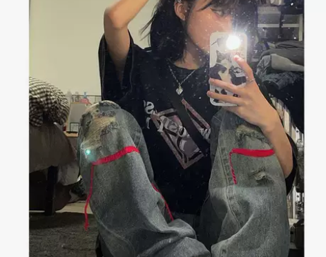 美式复古破洞牛仔裤女2022新款大码高腰直...