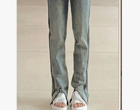 【国庆价】美式高街潮牌侧边拉链牛仔裤女开叉...