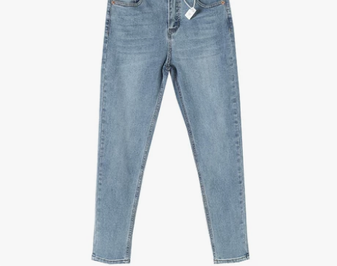 百分之三小脚微弹力高腰牛仔铅笔裤超柔软女显...