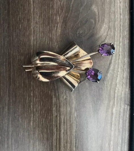 西洋回流古董纯银sterling鎏金花卉胸...
