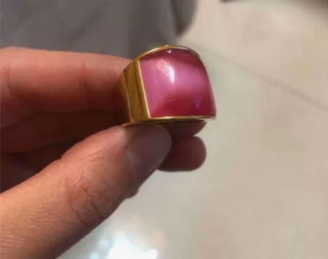 精品收藏18K鎏金镶嵌粉色猫眼石宝石戒指一...