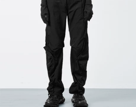 MHV 国潮尼龙网布拼接长裤男设计感修身黑...