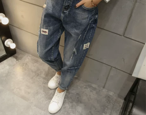 宽松大码牛仔裤女加绒胖mm韩版百搭哈伦学生...