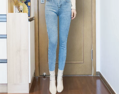 显瘦加绒加厚高腰浅蓝色牛仔裤女+冬季弹力修...