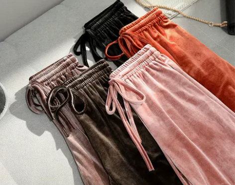 金丝绒阔腿裤女秋冬2019新款高腰宽松坠感...