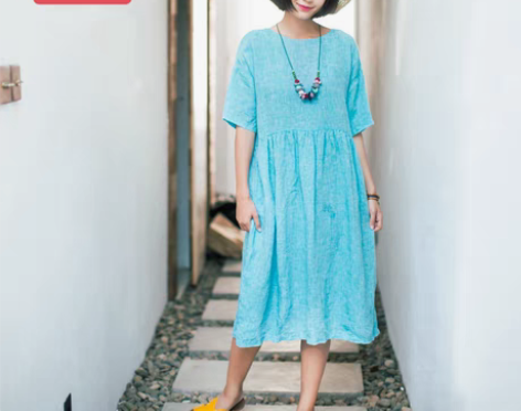 转卖绽放B243/飘沁/蓝色飘带伞摆亚麻夏...