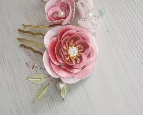 山茶花缠花发梳 豆沙粉渐变色  缠花成品发...