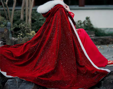 转卖酒红色斗篷汉服女中国风毛领加绒加厚披风...