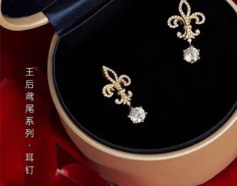 包邮王后鸢尾花耳环女轻奢小众银色花朵耳钉耳...