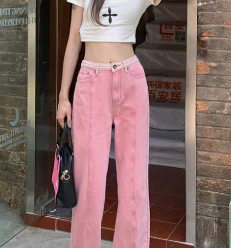 粉色DIY高街牛仔裤，小众有个性 腰围：7...