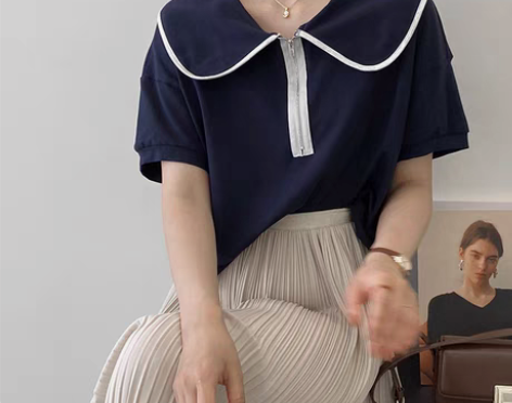 包邮江左 ins韩版娃娃领正肩撞色T恤女夏...