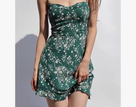 转卖法式复古V领绿色碎花裙细肩带裹胸修身显...