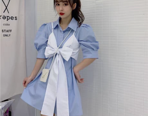 包邮法式泡泡袖衬衫连衣裙女大码胖mm气质蝴...