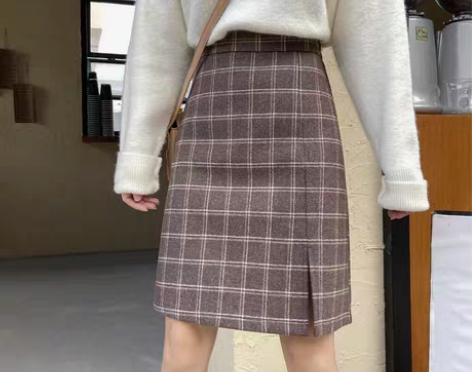 转卖学生裙格子半身裙大码女毛呢包臀一步中裙...