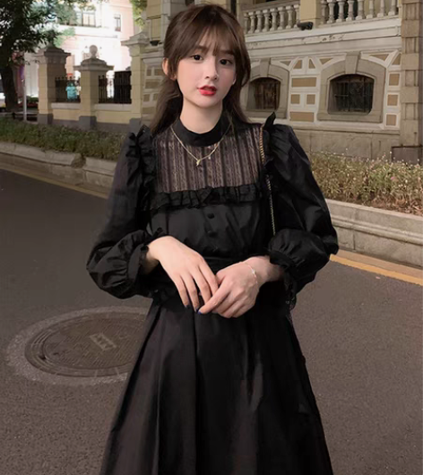 包邮黑色气质长袖连衣裙 仙女法式修身礼服长...