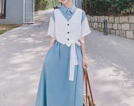 转卖假两件连衣裙 夏季流行撞色拼接法式设计...