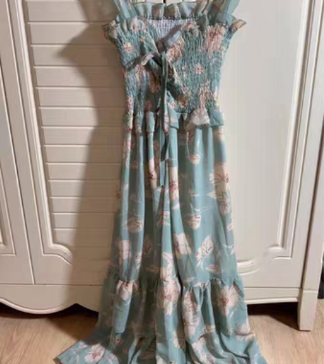 包邮绿色2021新款雪纺裙女学生韩版春夏荷...