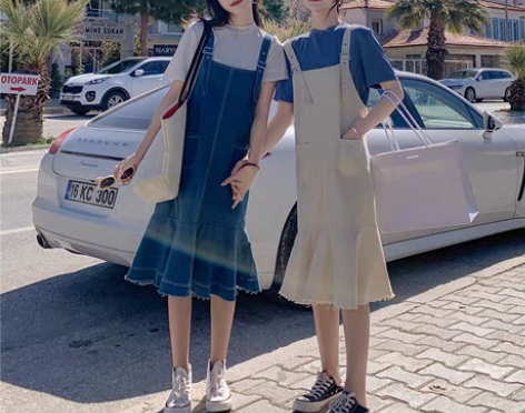 转卖牛仔背带裙女夏2019新款闺蜜装法国小...
