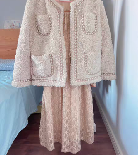 羊羔毛小香风外套方领蕾丝连衣裙咖色小香风套...