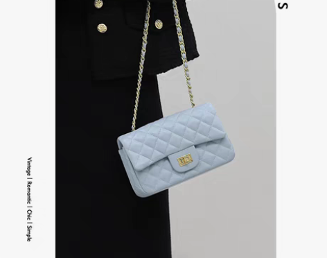 转卖【经典小香风 南非进口小羊皮】蓝色菱格...