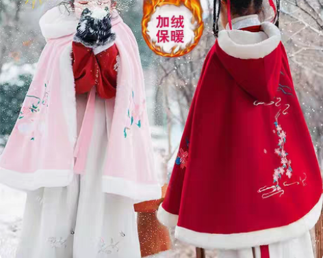 包邮汉服披风女童加绒儿童斗篷古装服装配饰加...