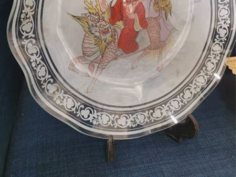 包邮麒麟送子玻璃烤花盘，好寓意。80年代中...