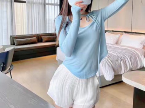 转卖天使蓝 奶欲清纯上衣女蝴蝶结绑带镂空长...