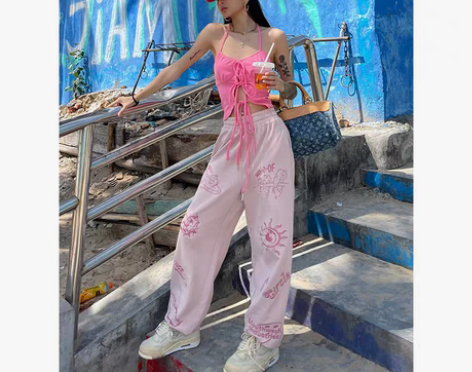 转卖野生zero粉蓝色运动裤女夏美式复古高...