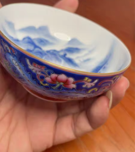 包邮景德镇全手绘外珐琅彩内山水主人杯，超重...