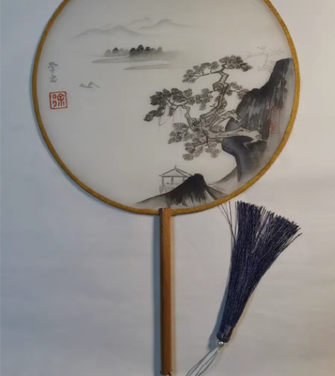 包邮传统水墨国画山水团扇，直径24厘米，带...