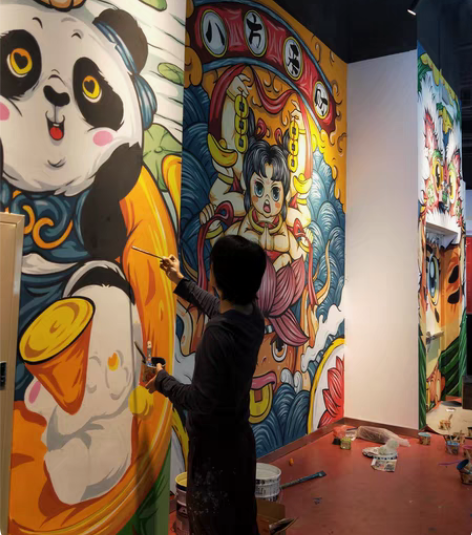 包邮国潮风墙体彩绘，国潮风油画订制。《墙画...