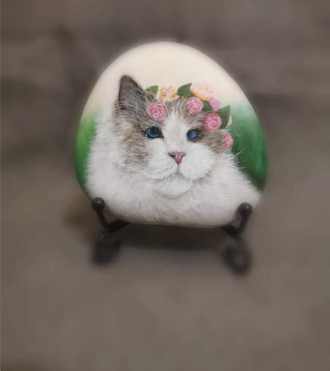 包邮手绘石头画摆件 作品：戴花环的猫 蓝色...