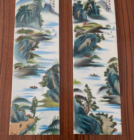 山水瓷板画两个手绘瓷板画，两个尺寸略有差别...